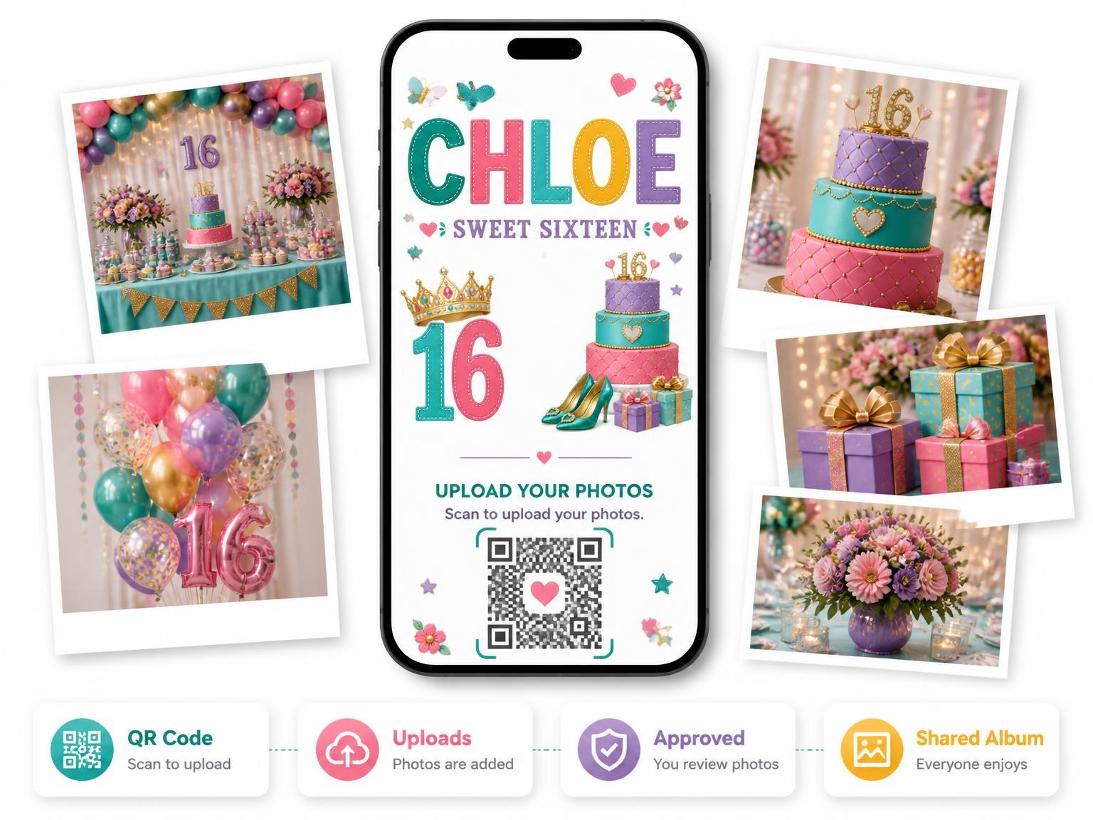 The shared photo gallery that comes with the Gift Boxes Sweet Sixteen Invitation invitation