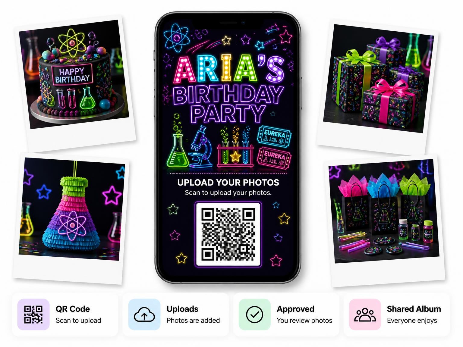 The shared photo gallery that comes with the Neon Science Lab 3rd Birthday Invitation invitation