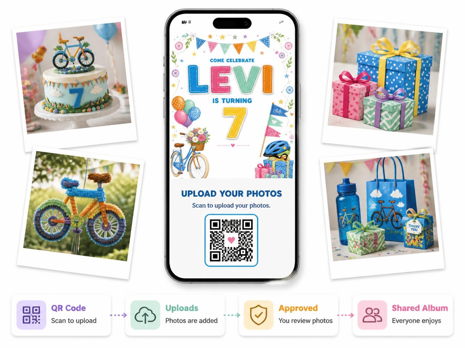 The shared photo gallery that comes with the Stitched Bike Ride 7th Birthday Invitation invitation