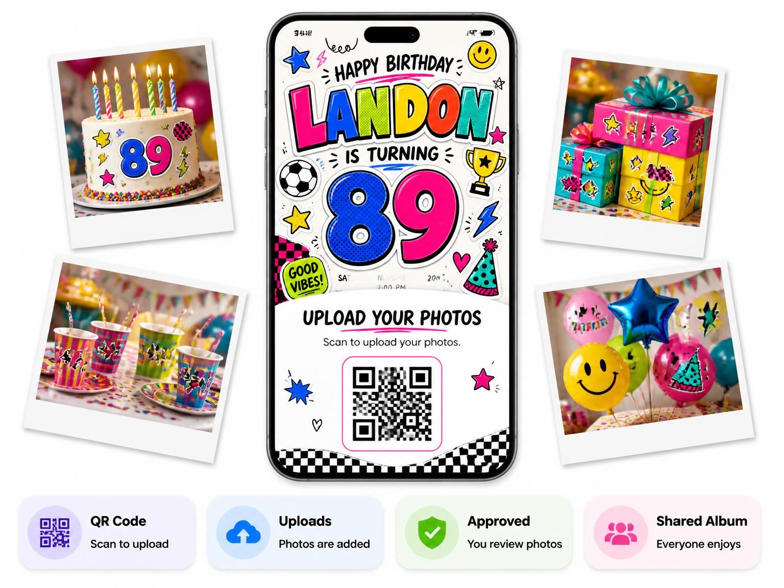 The shared photo gallery that comes with the Sticker Pop 89th Birthday Invitation invitation