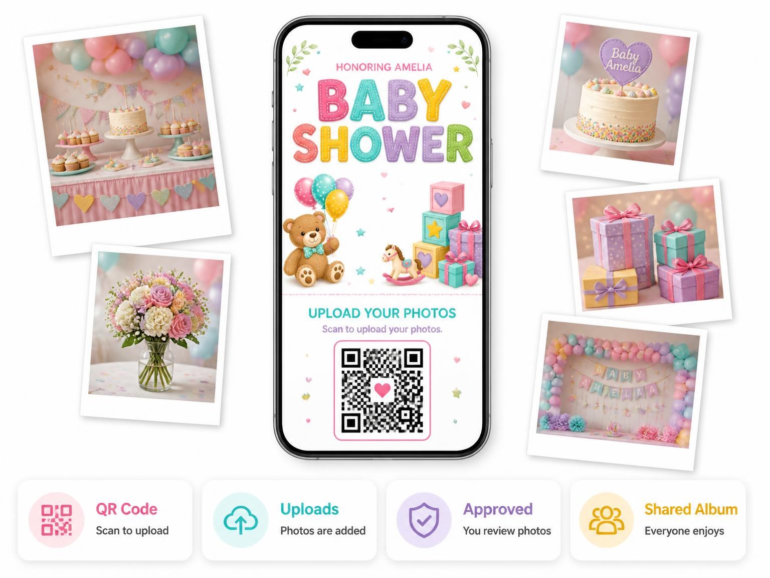 The shared photo gallery that comes with the Bright Stitched Baby Shower Invitation invitation