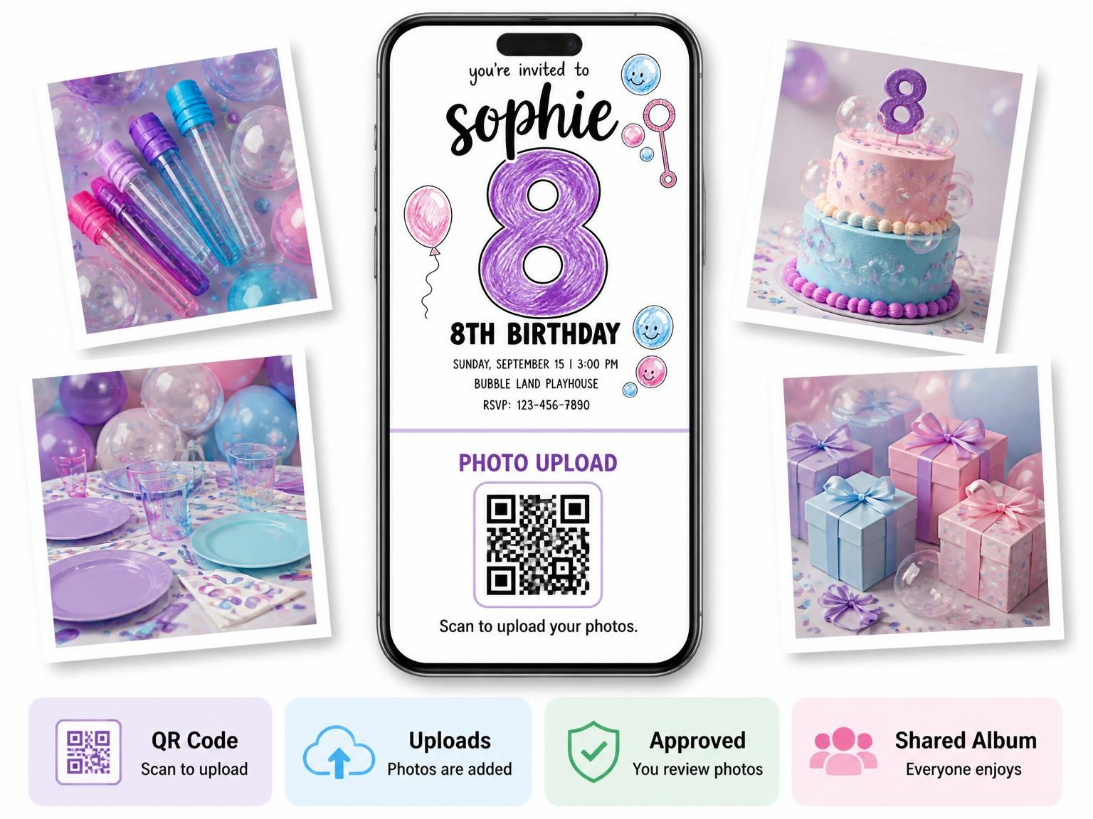 The shared photo gallery that comes with the Crayon Sketch Bubble 8th Birthday invitation