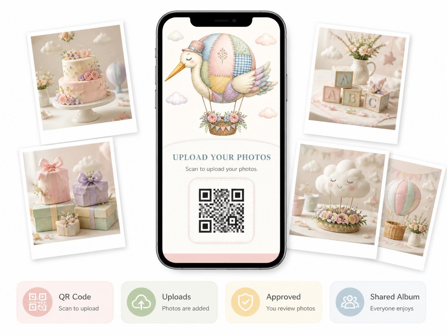 The shared photo gallery that comes with the Pastel Patchwork Stork Baby Shower invitation