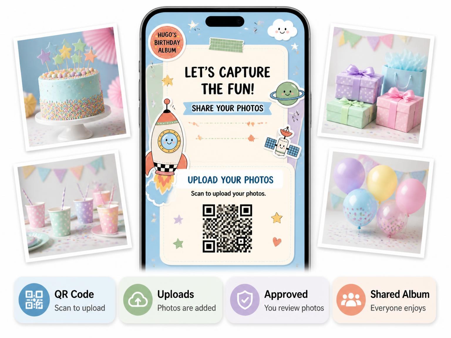 The shared photo gallery that comes with the Spaceship Rocket Pastel 4th Birthday Invitation invitation