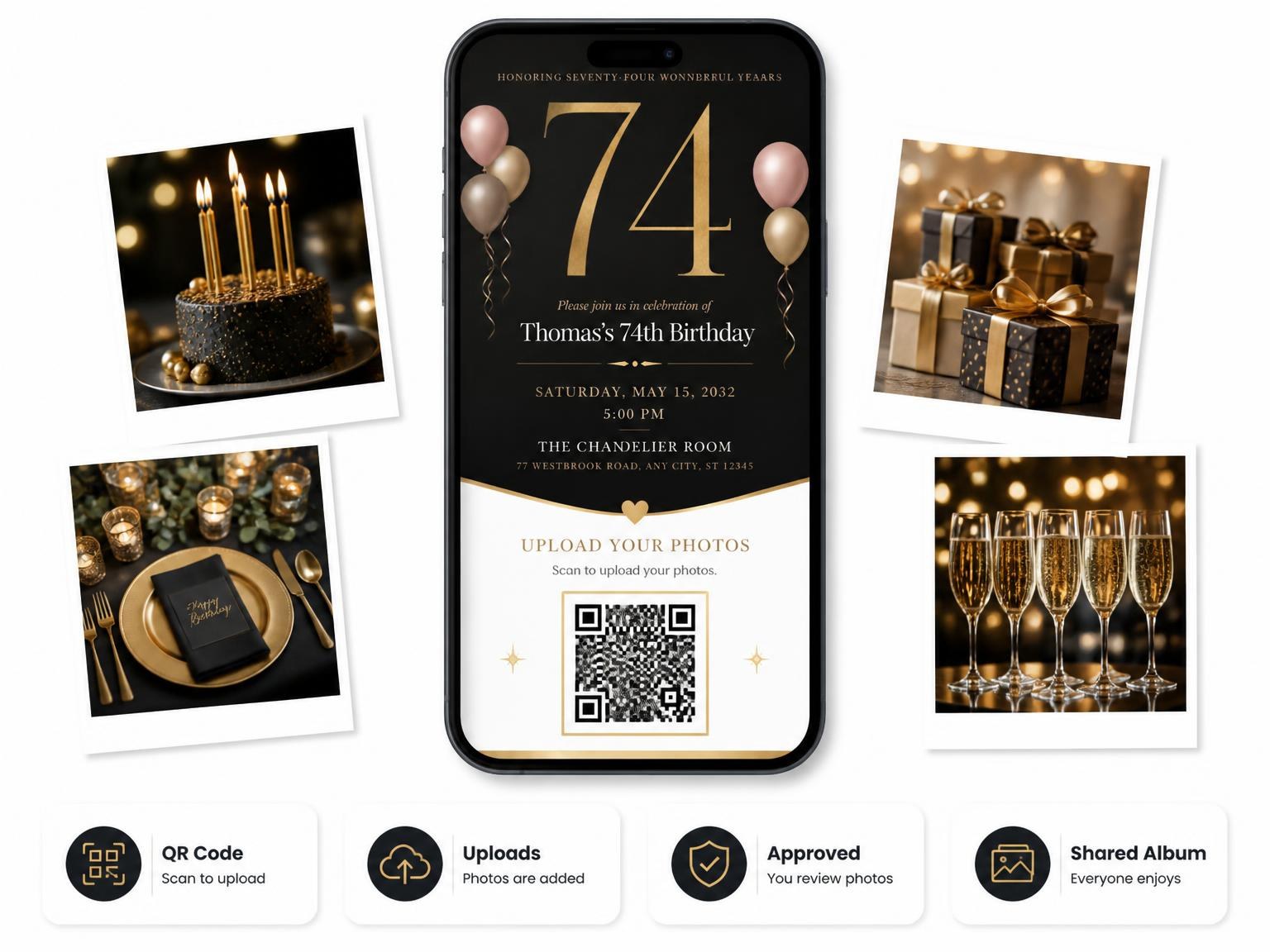 The shared photo gallery that comes with the Charcoal and Blush 74th Birthday Invitation invitation
