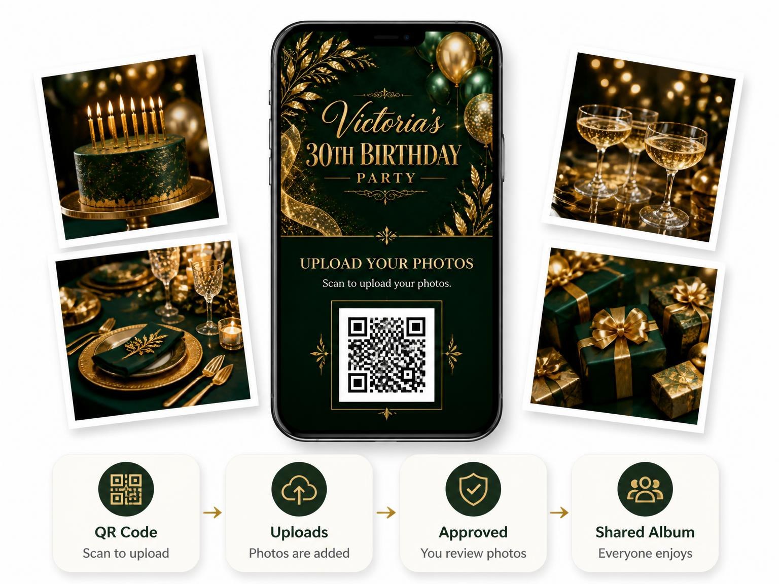 The shared photo gallery that comes with the Emerald and Champagne 30th Birthday Invitation invitation