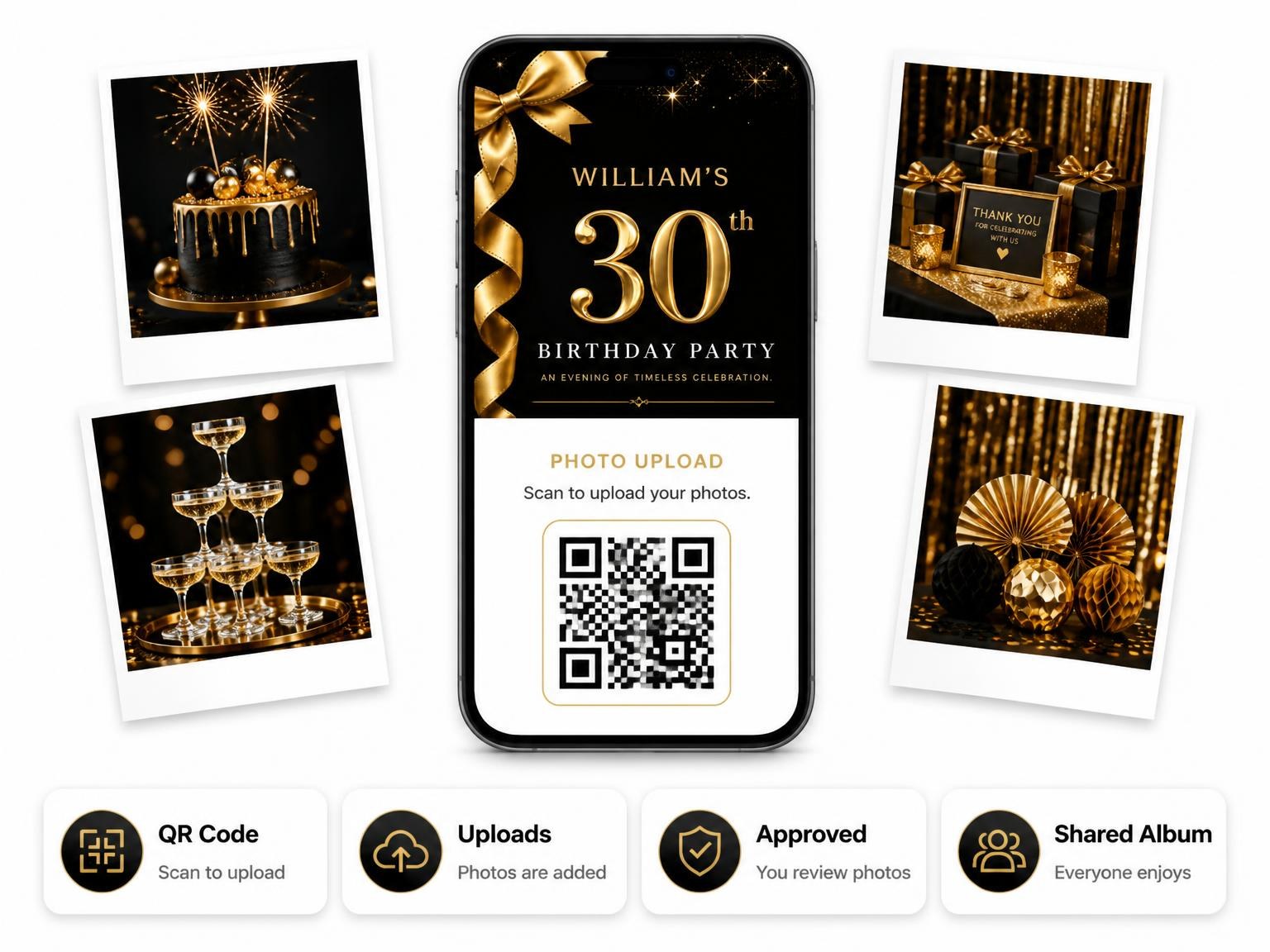 The shared photo gallery that comes with the Black and Gold Ribbon 30th Birthday invitation