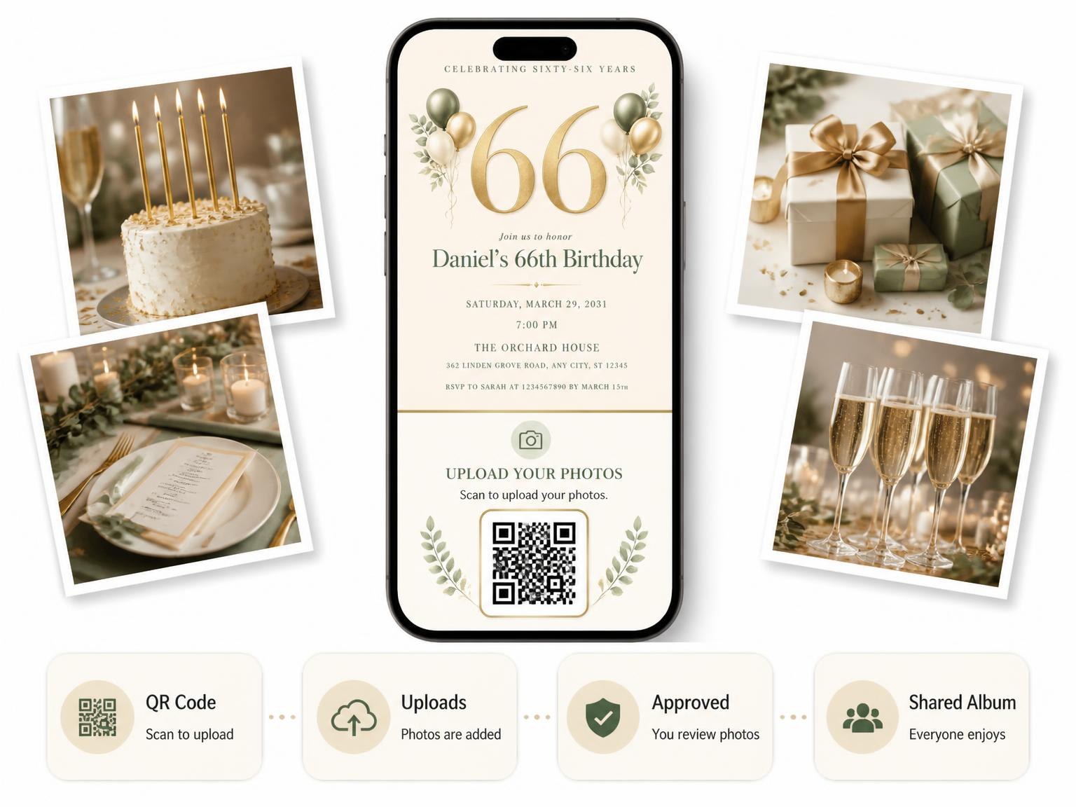 The shared photo gallery that comes with the Sage and Ivory 66th Birthday Invitation invitation