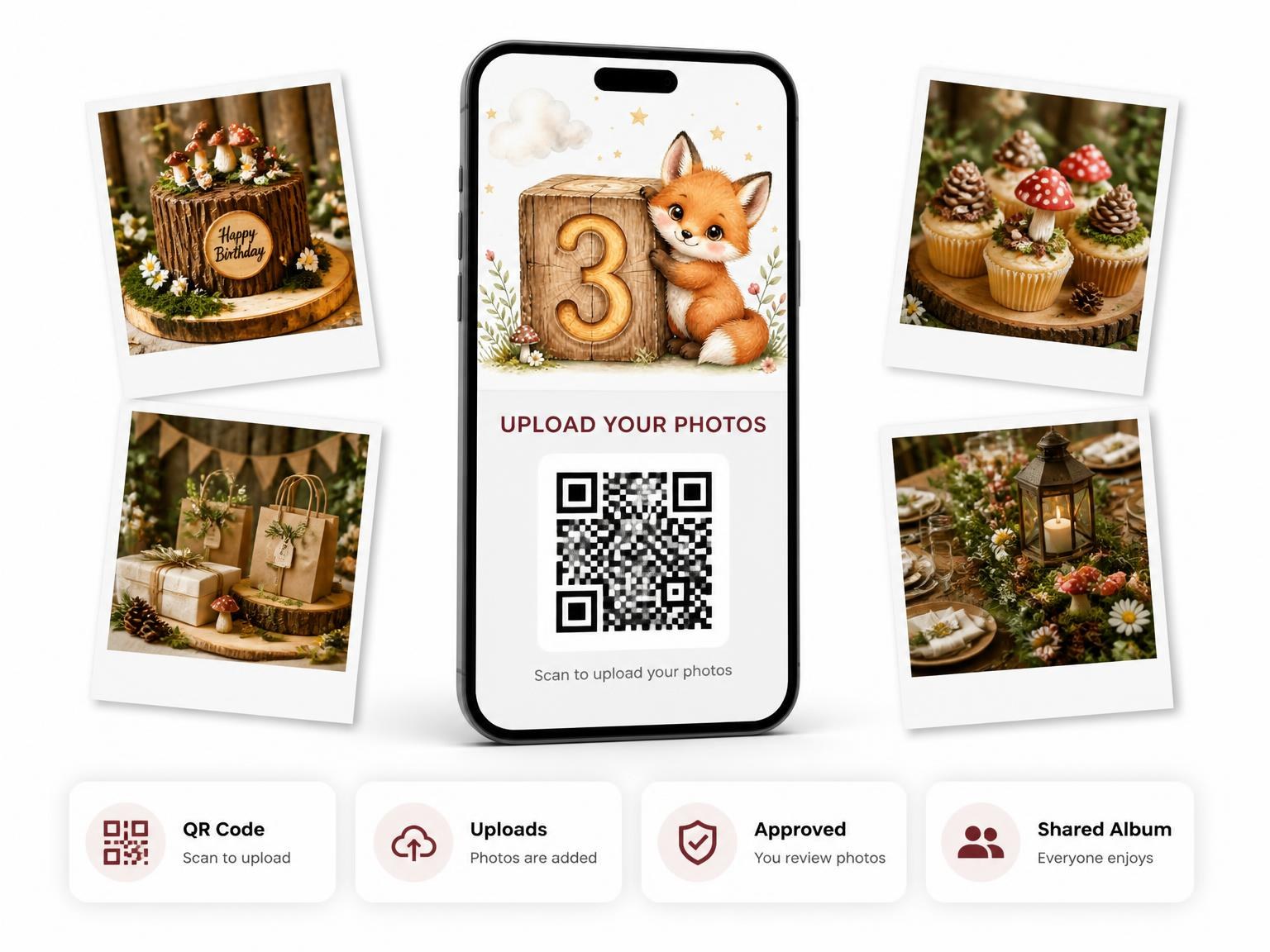 The shared photo gallery that comes with the Watercolor Woodland Fox 3rd Birthday invitation