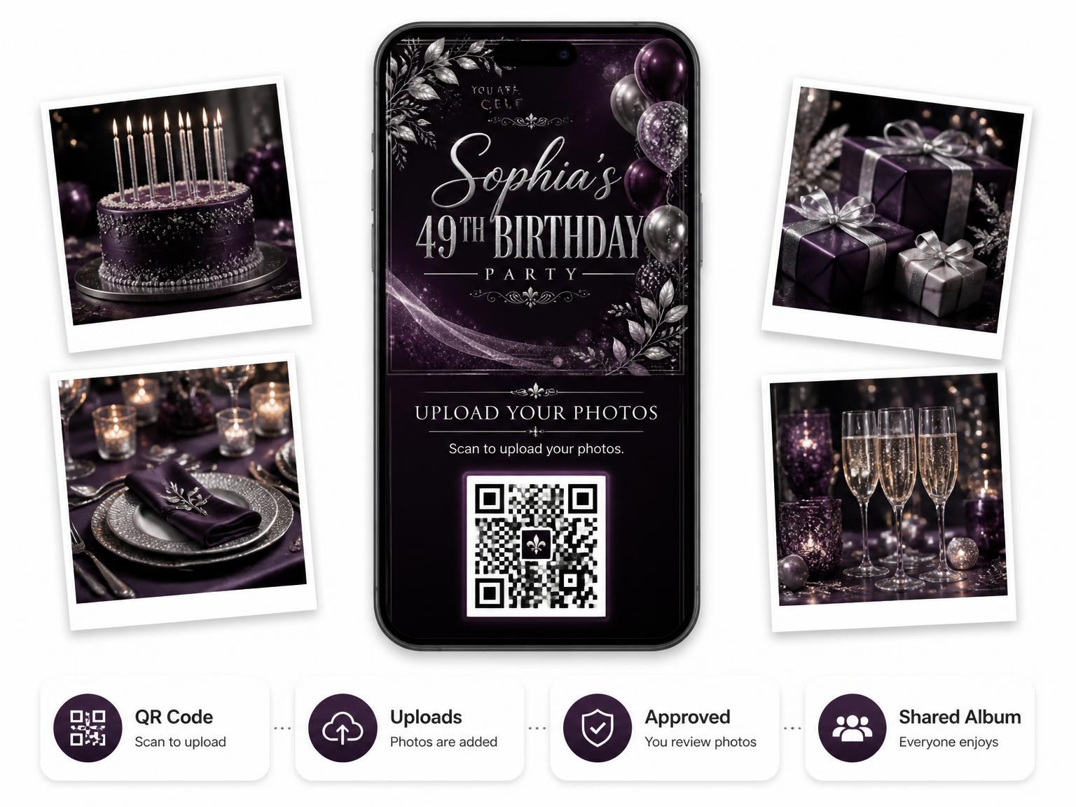 The shared photo gallery that comes with the Plum and Silver 49th Birthday Invitation invitation
