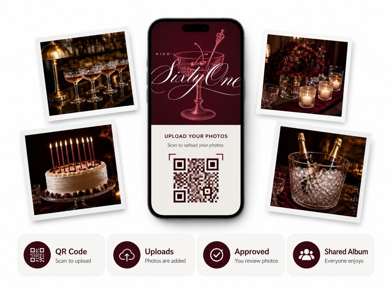 The shared photo gallery that comes with the Burgundy Cocktail 61st Birthday Invitation invitation