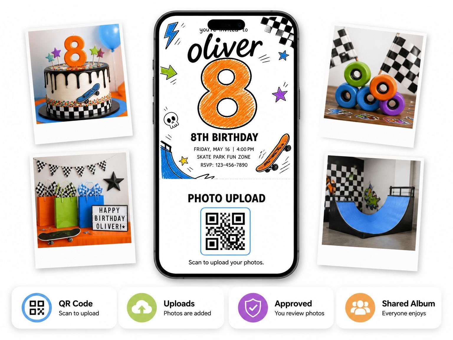 The shared photo gallery that comes with the Crayon Skate Park 8th Birthday Invitation invitation
