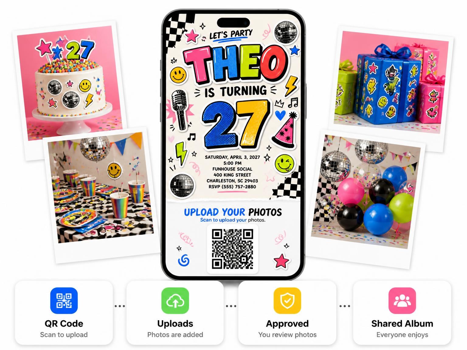 The shared photo gallery that comes with the Sticker Pop 27th Birthday Invitation invitation