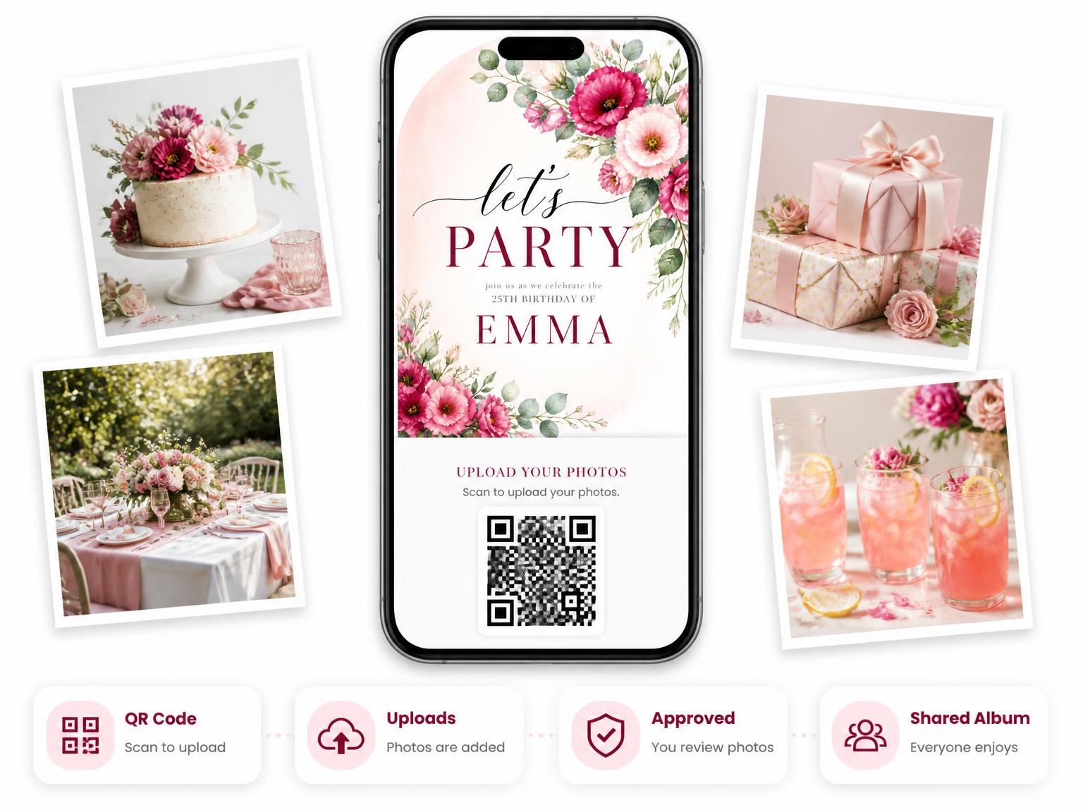 The shared photo gallery that comes with the Fuchsia Floral 25th Birthday Invitation invitation