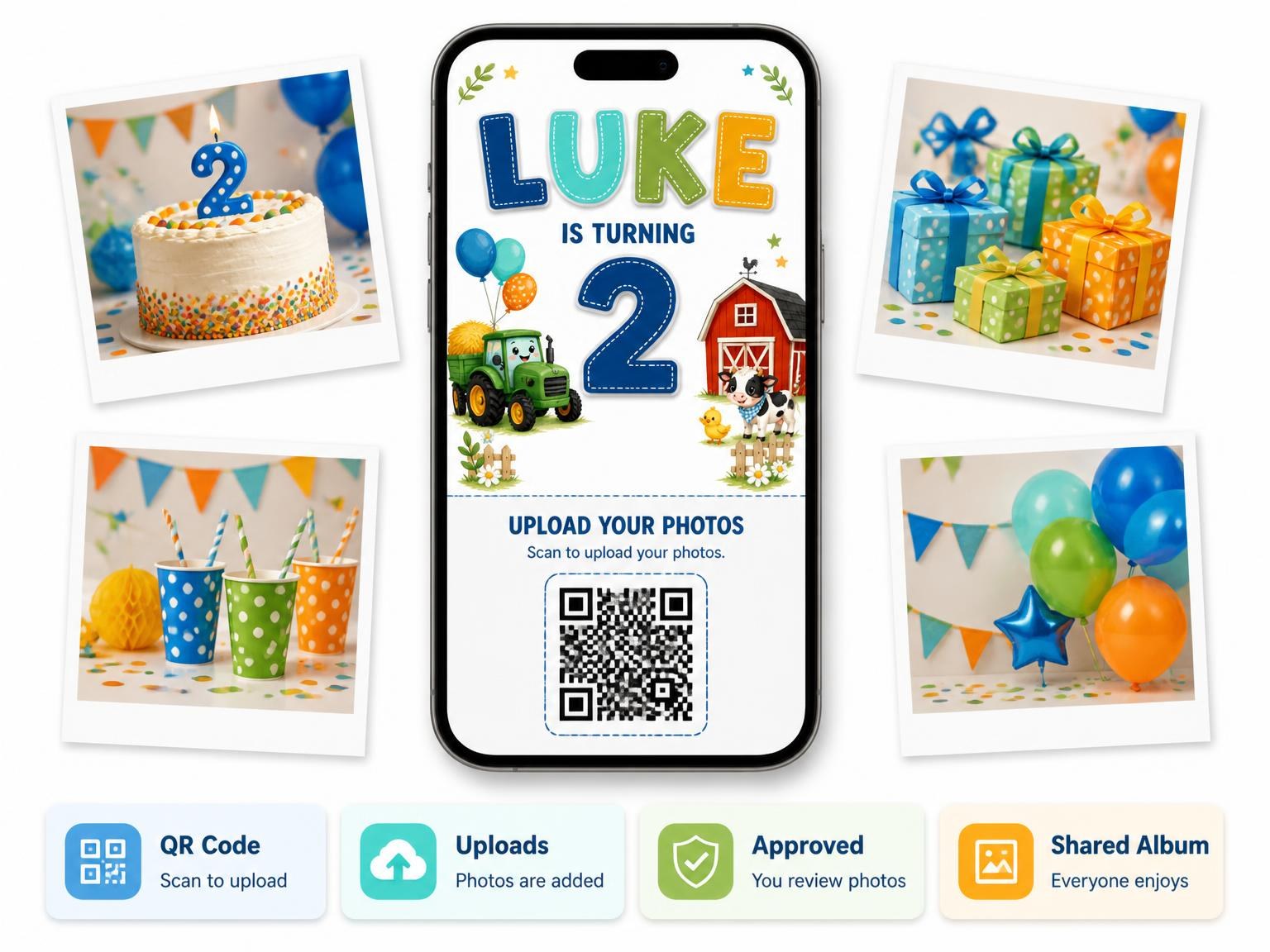 The shared photo gallery that comes with the Green Tractor Stitched 2nd Birthday Invitation invitation