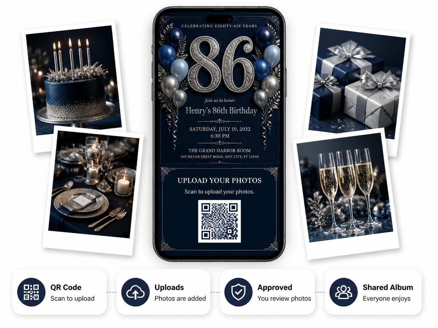 The shared photo gallery that comes with the Navy and Silver 86th Birthday Invitation invitation
