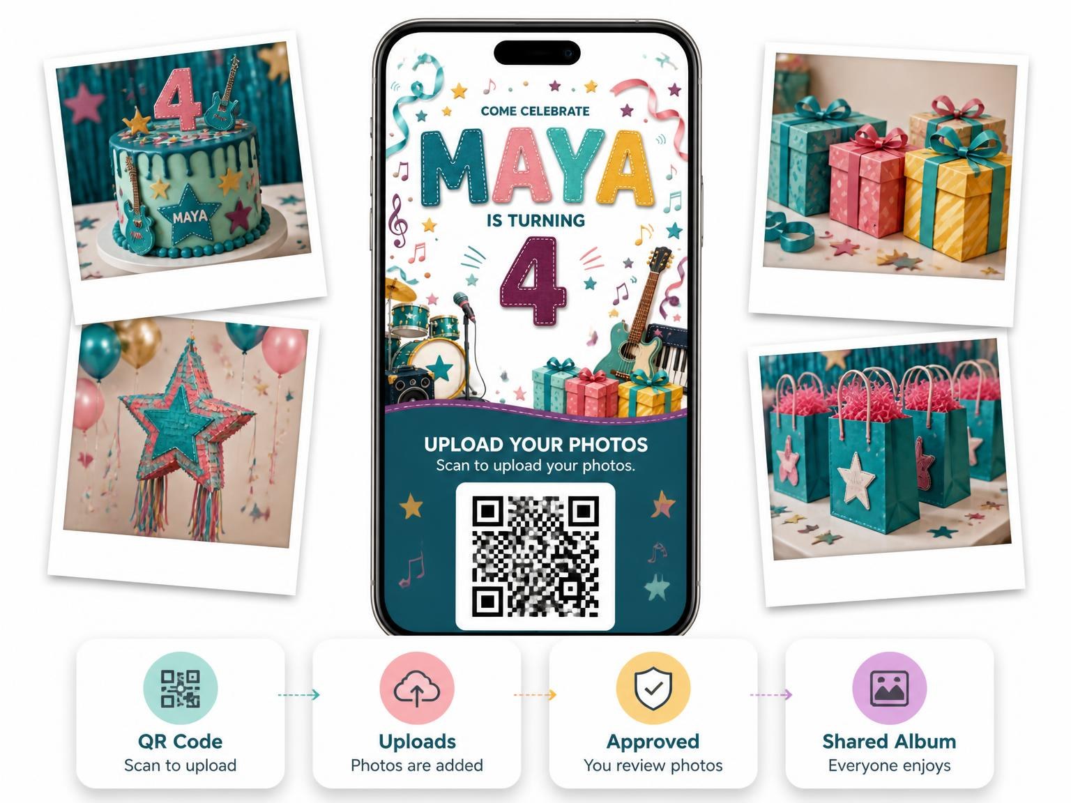 The shared photo gallery that comes with the Stitched Rock Star 4th Birthday Invitation invitation