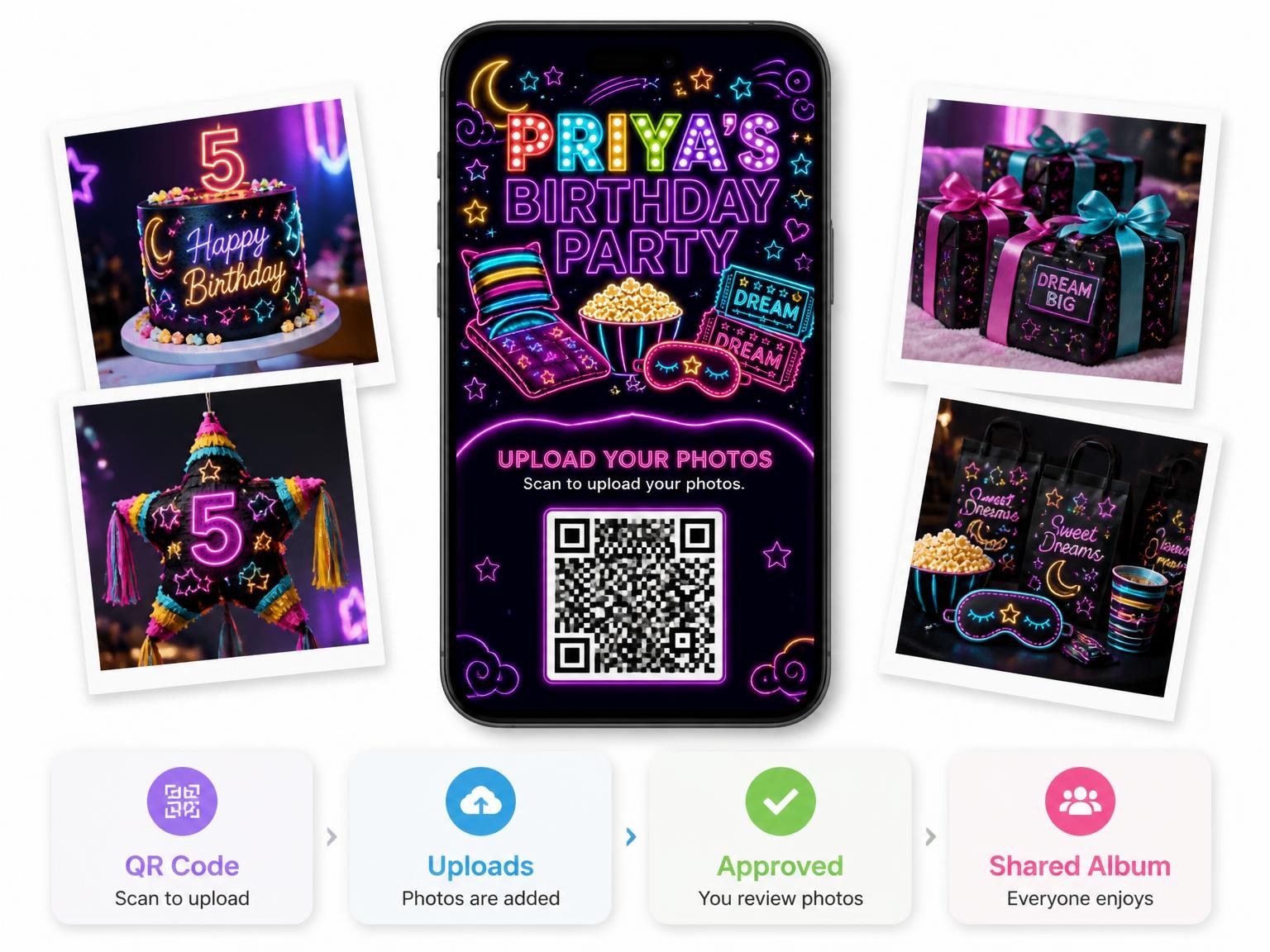 The shared photo gallery that comes with the Neon Pajama 5th Birthday Invitation invitation