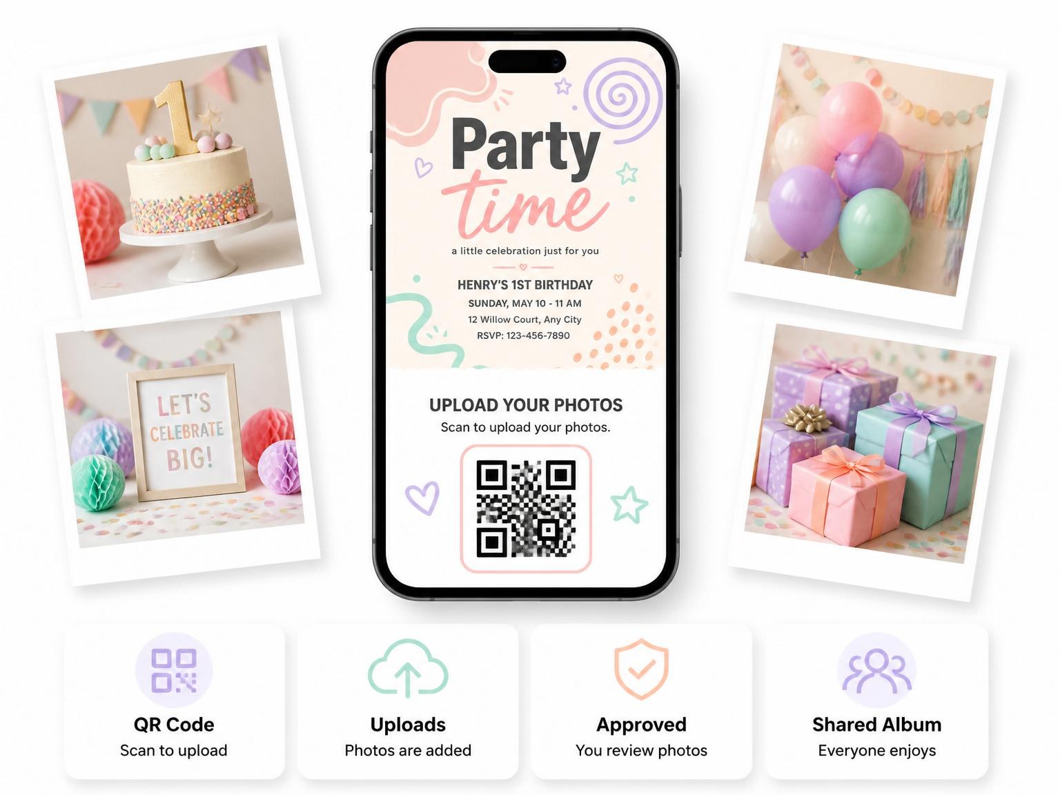 The shared photo gallery that comes with the Pastel Shape First Birthday Invitation invitation