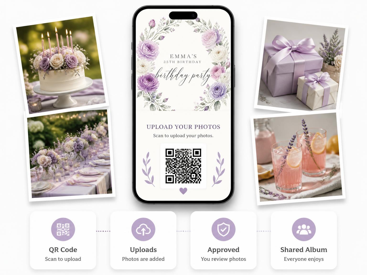 The shared photo gallery that comes with the Floral Wreath Lavender 25th Birthday Invitation invitation