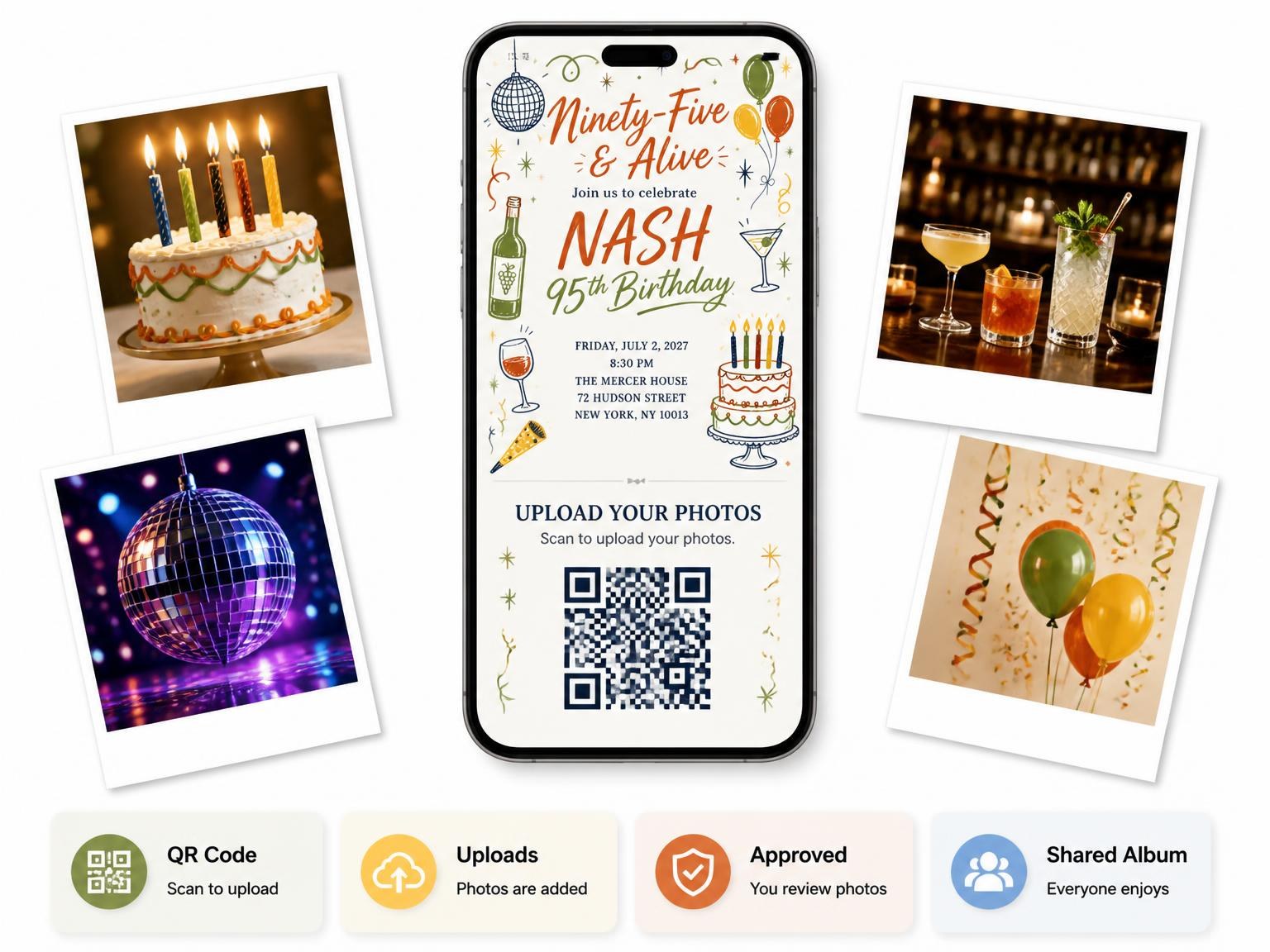 The shared photo gallery that comes with the Retro Doodle 95th Birthday Invitation invitation