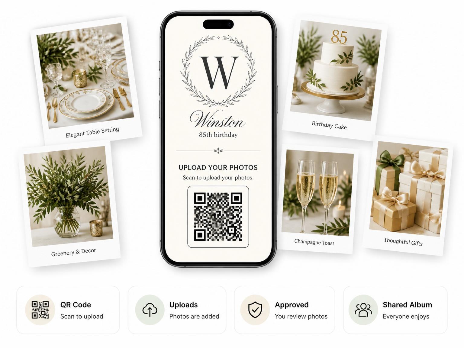 The shared photo gallery that comes with the Cream Charcoal Olive Laurel 85th Birthday invitation