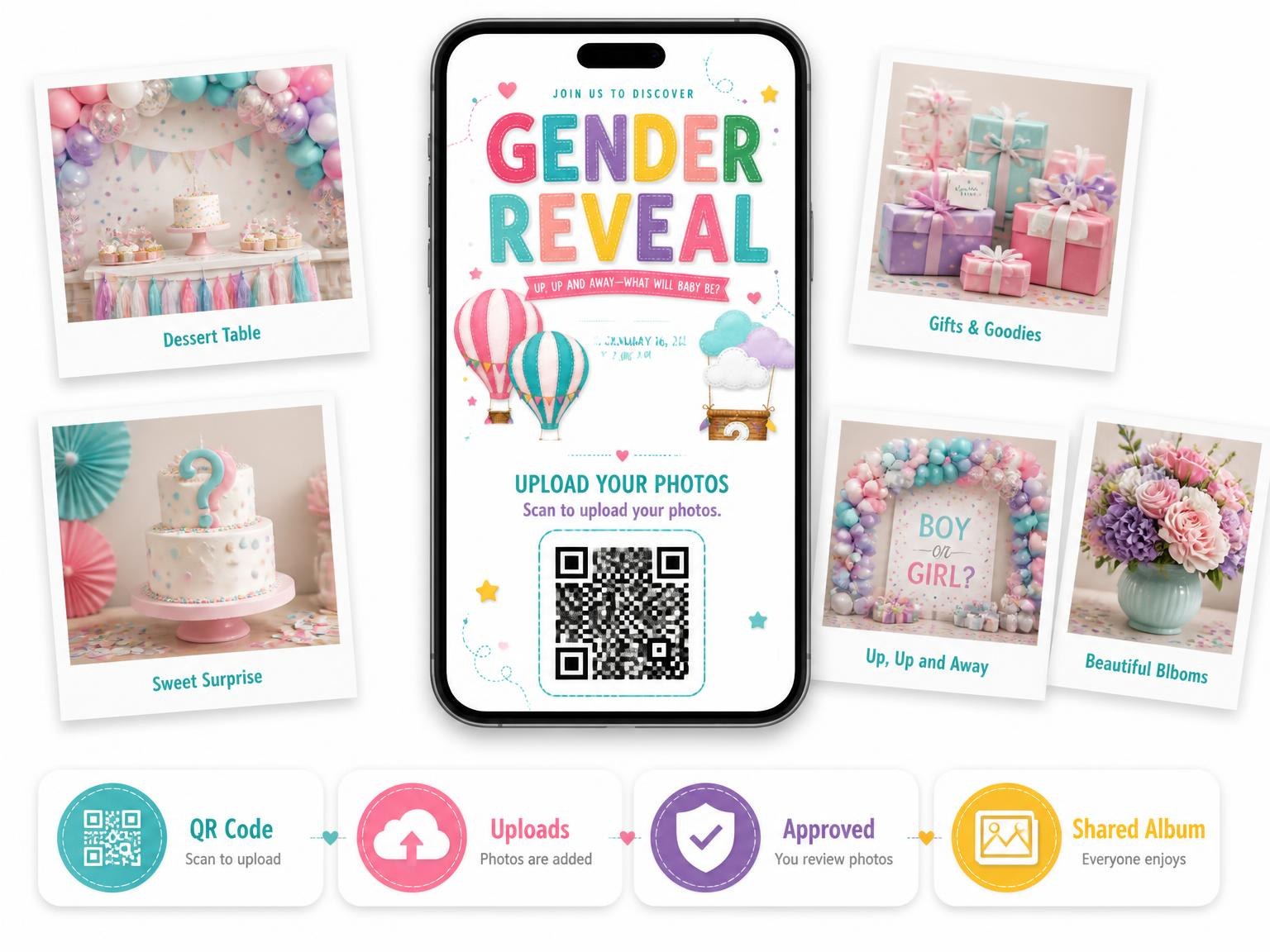 The shared photo gallery that comes with the Pink Hot Air Balloon Gender Reveal Invitation invitation