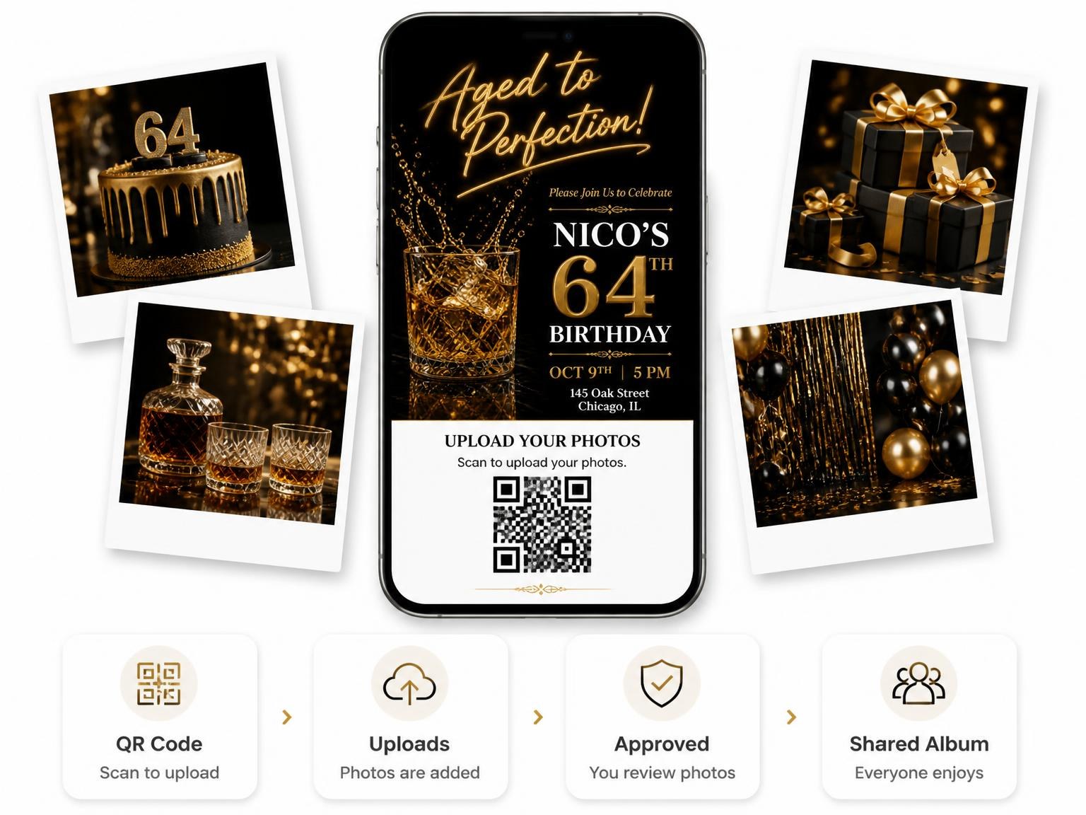 The shared photo gallery that comes with the Whiskey Glass 64th Birthday Invitation invitation