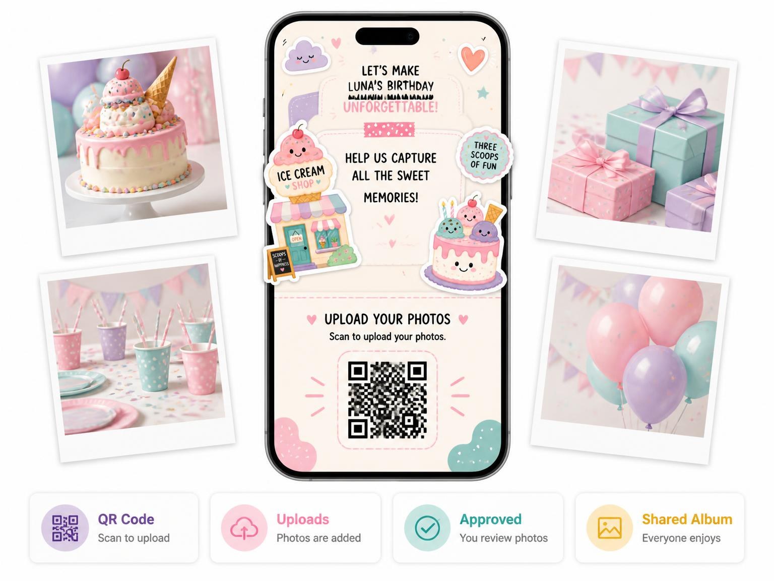 The shared photo gallery that comes with the Pastel Ice Cream Shop 3rd Birthday Invitation invitation