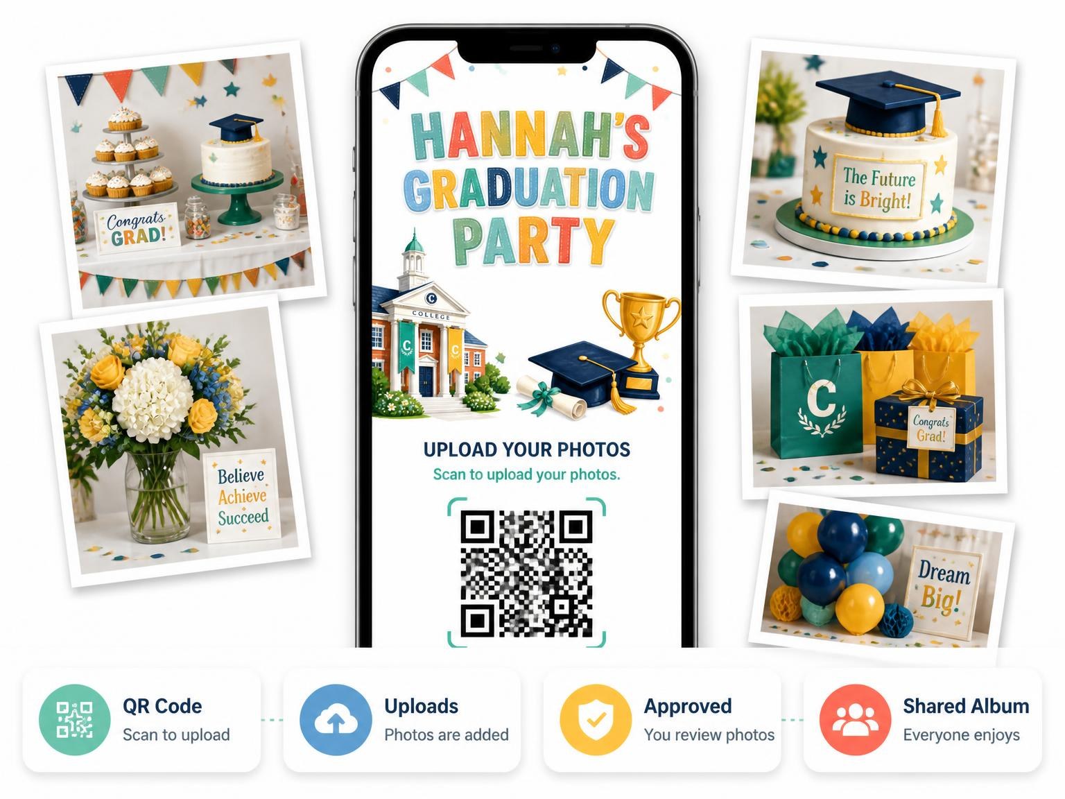 The shared photo gallery that comes with the Collegiate Building Graduation Party Invitation invitation