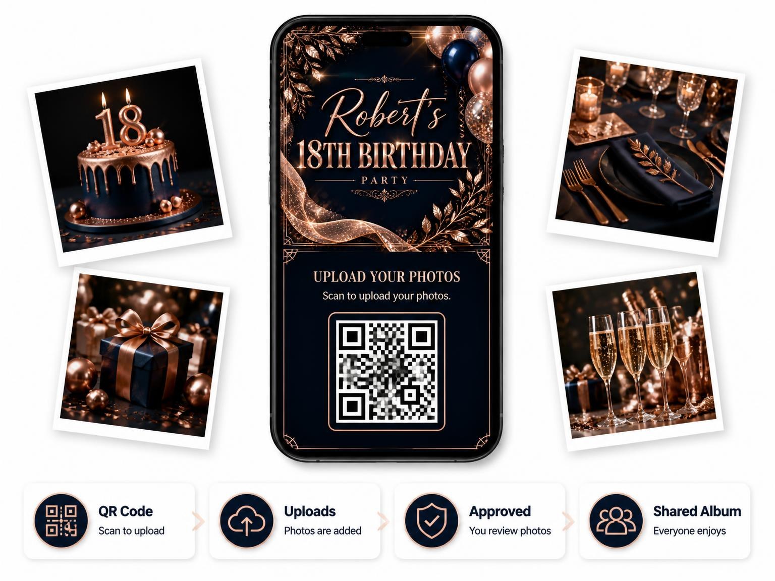 The shared photo gallery that comes with the Navy and Rose Gold 18th Birthday Invitation invitation