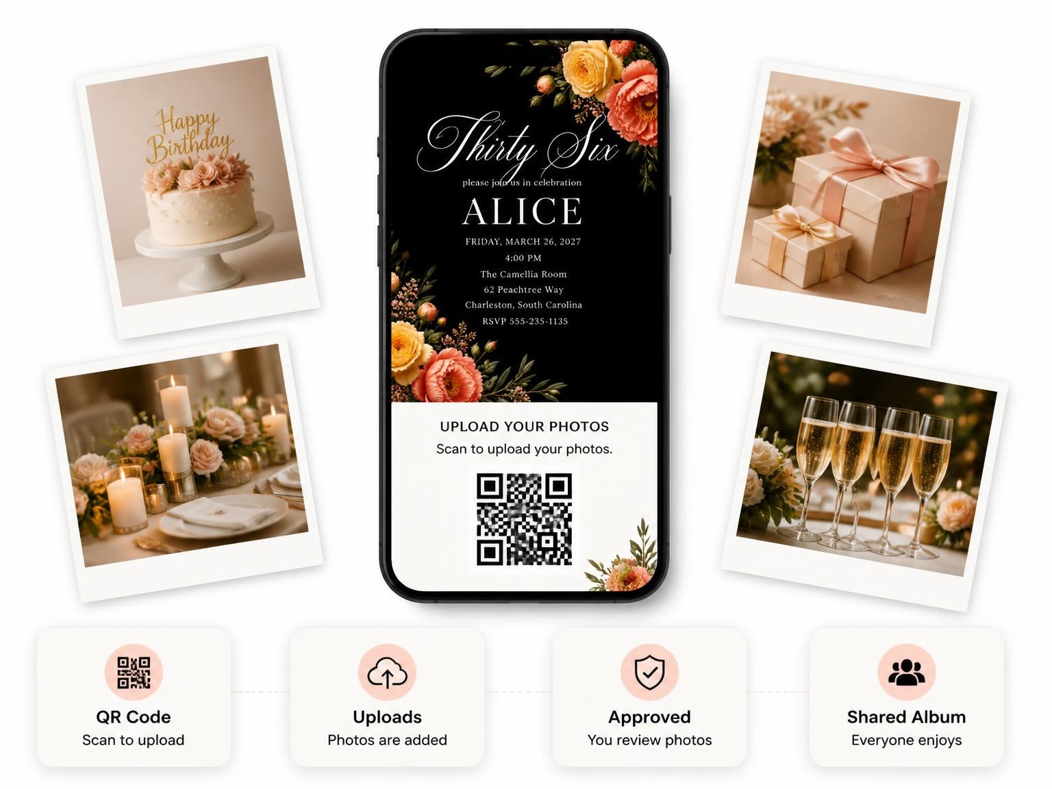 The shared photo gallery that comes with the Black Floral 36th Birthday Invitation invitation