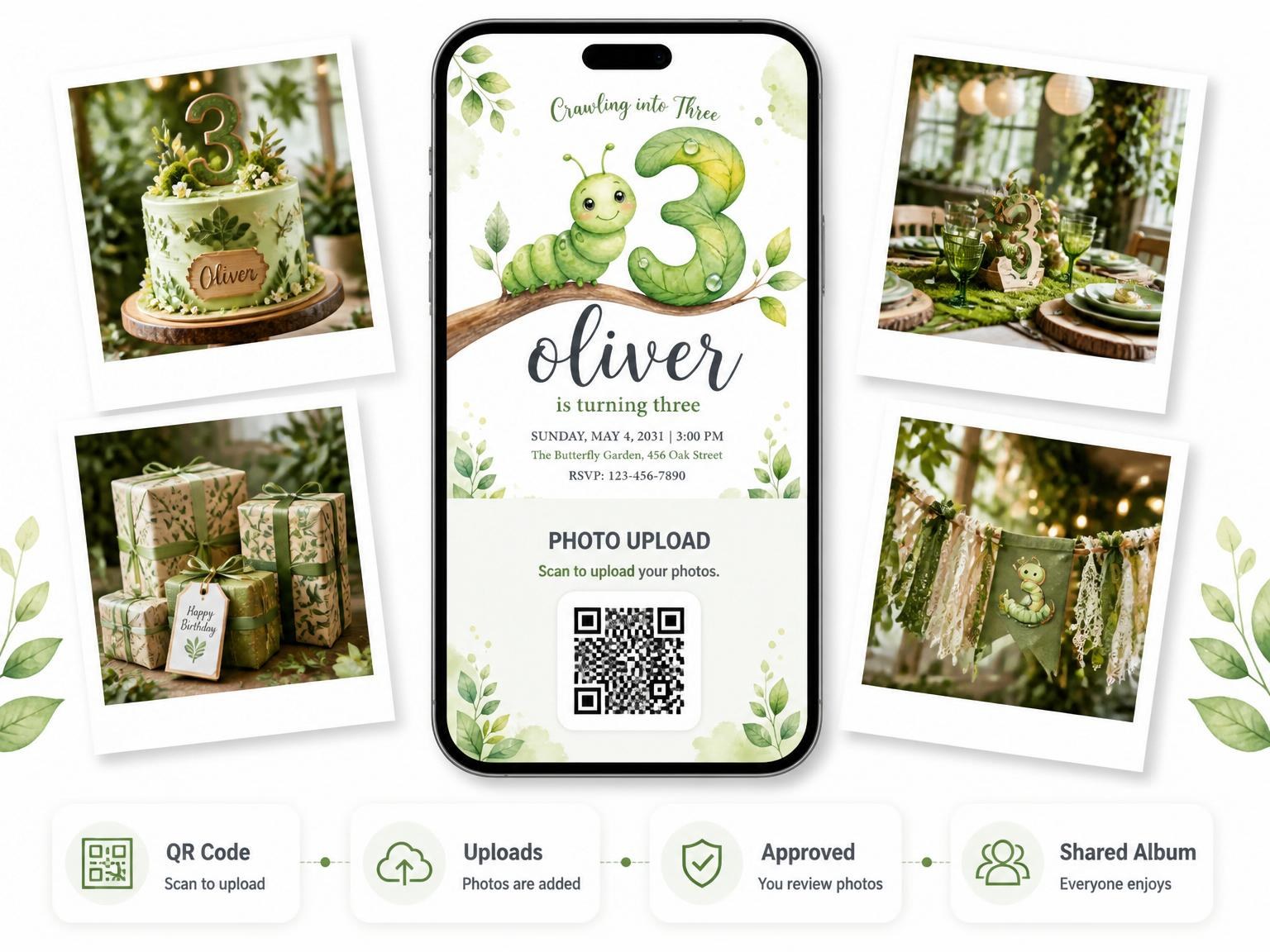 The shared photo gallery that comes with the Watercolor Caterpillar Leaf 3rd Birthday invitation