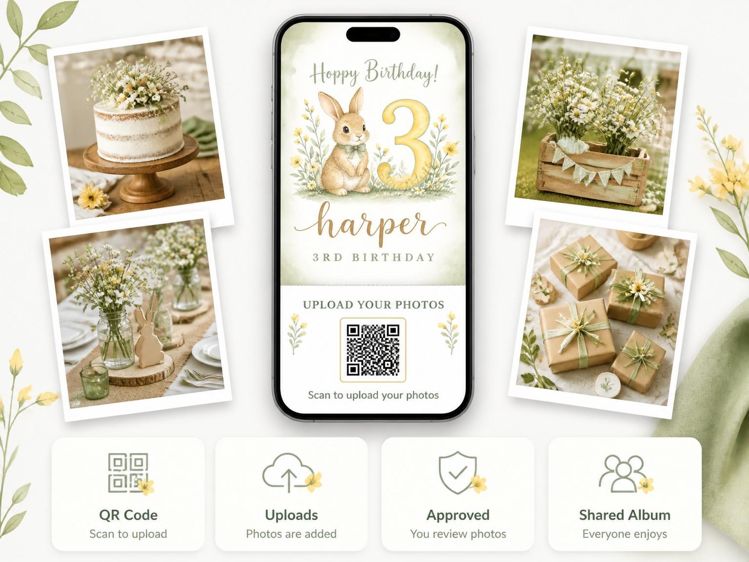 The shared photo gallery that comes with the Watercolor Bunny Garden 3rd Birthday invitation