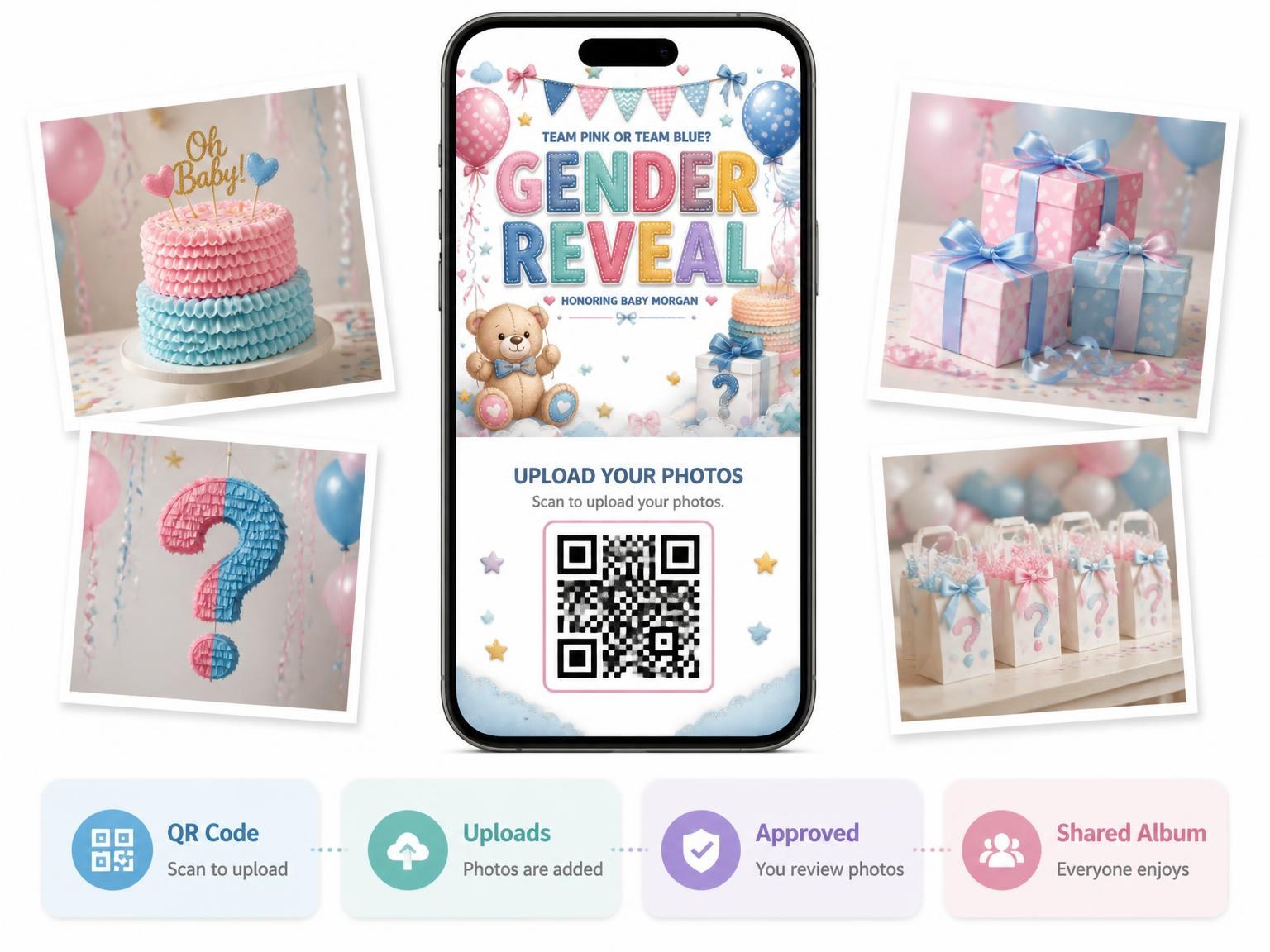 The shared photo gallery that comes with the Stitched Teddy Bear Gender Reveal Invitation invitation