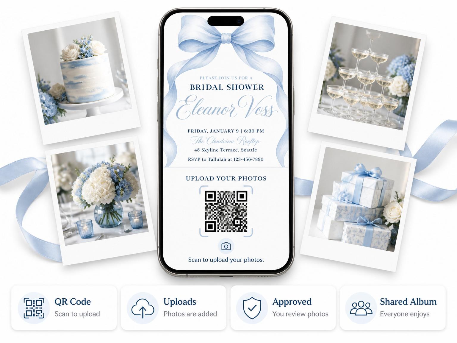 The shared photo gallery that comes with the Blue Watercolor Ribbon Bridal Shower invitation