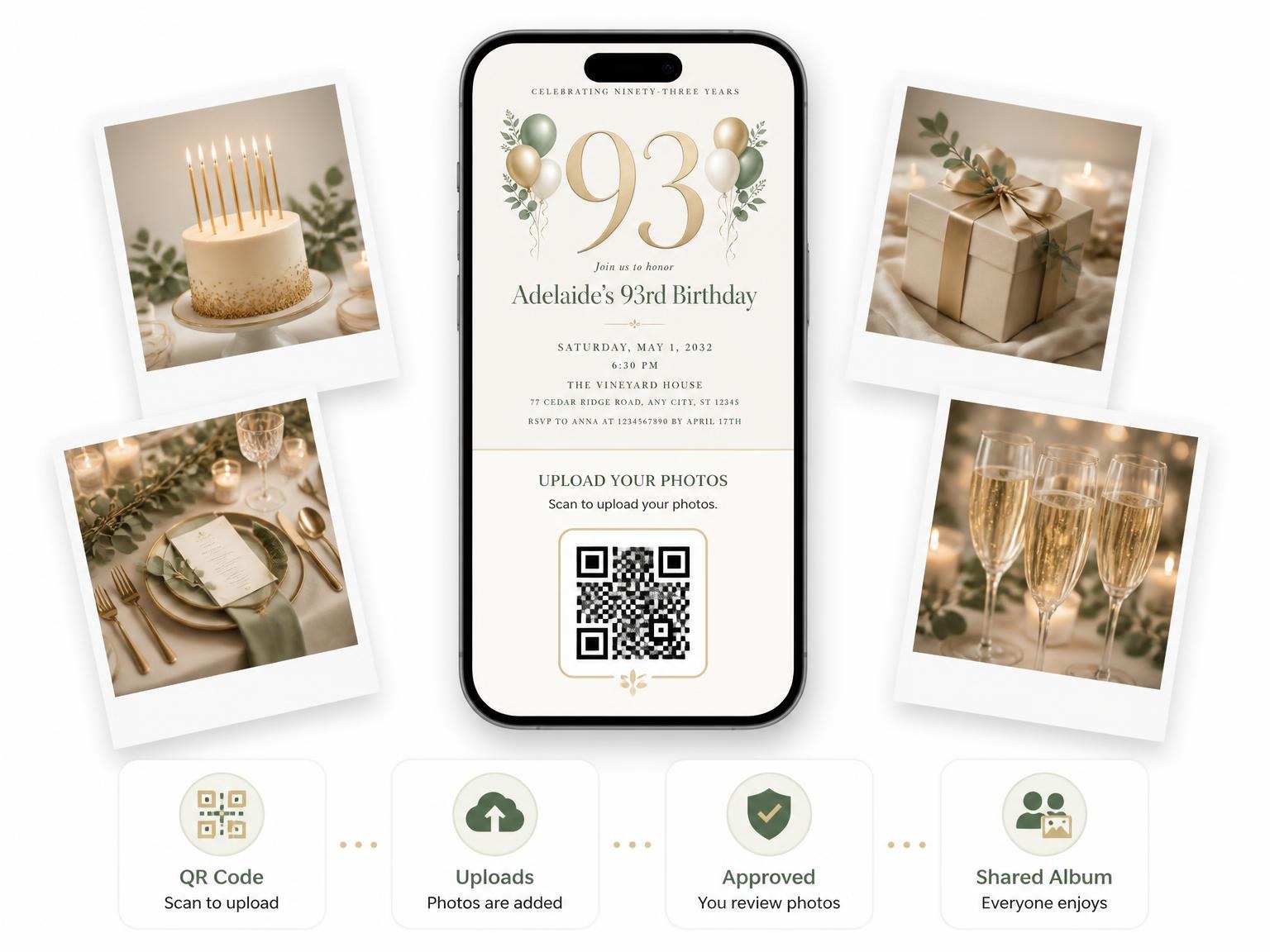 The shared photo gallery that comes with the Sage and Ivory 93rd Birthday Invitation invitation