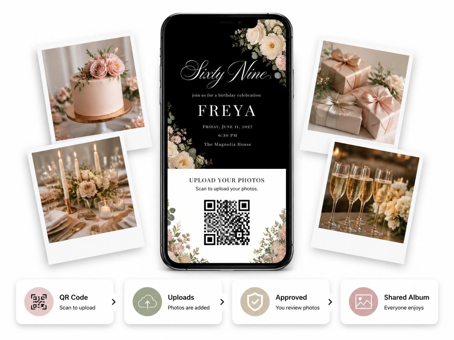 The shared photo gallery that comes with the Black Floral 69th Birthday Invitation invitation