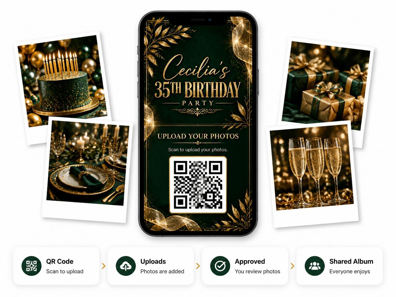 The shared photo gallery that comes with the Emerald and Champagne 35th Birthday Invitation invitation
