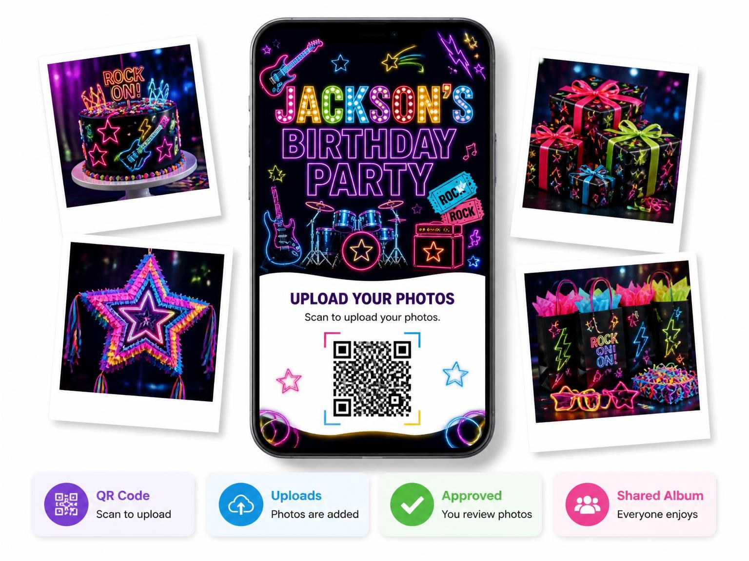 The shared photo gallery that comes with the Neon Rock Star 12th Birthday Invitation invitation