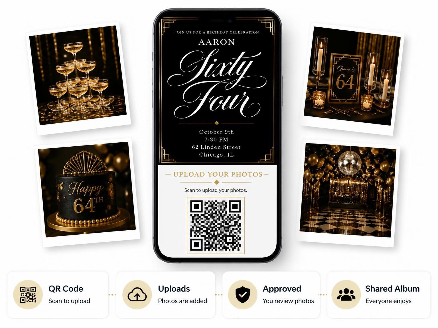 The shared photo gallery that comes with the Art Deco 64th Birthday Invitation invitation