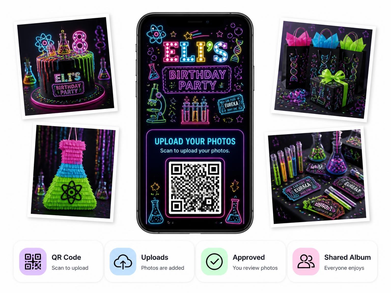 The shared photo gallery that comes with the Neon Science Lab 8th Birthday Invitation invitation
