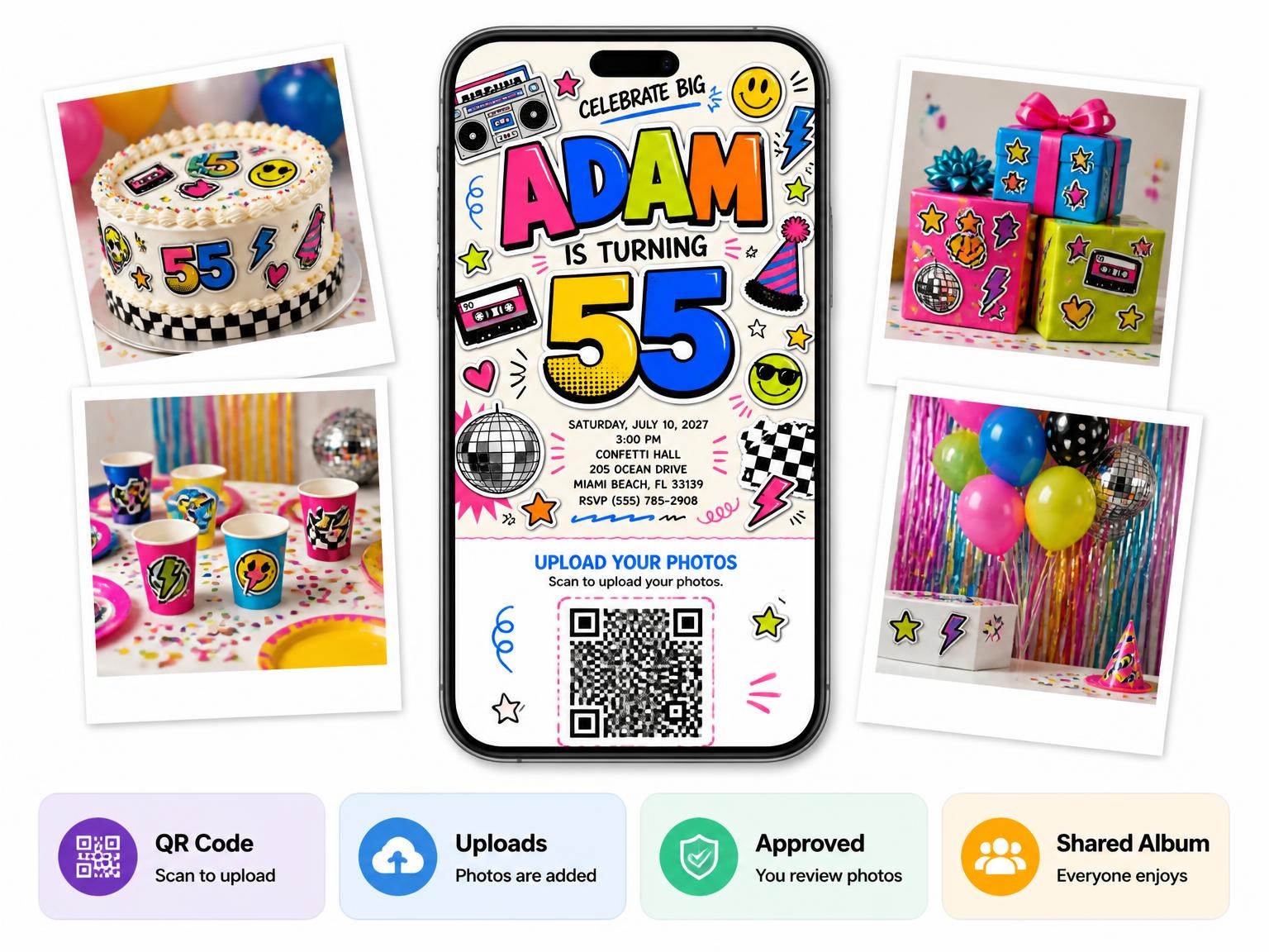 The shared photo gallery that comes with the Sticker Pop 55th Birthday Invitation invitation