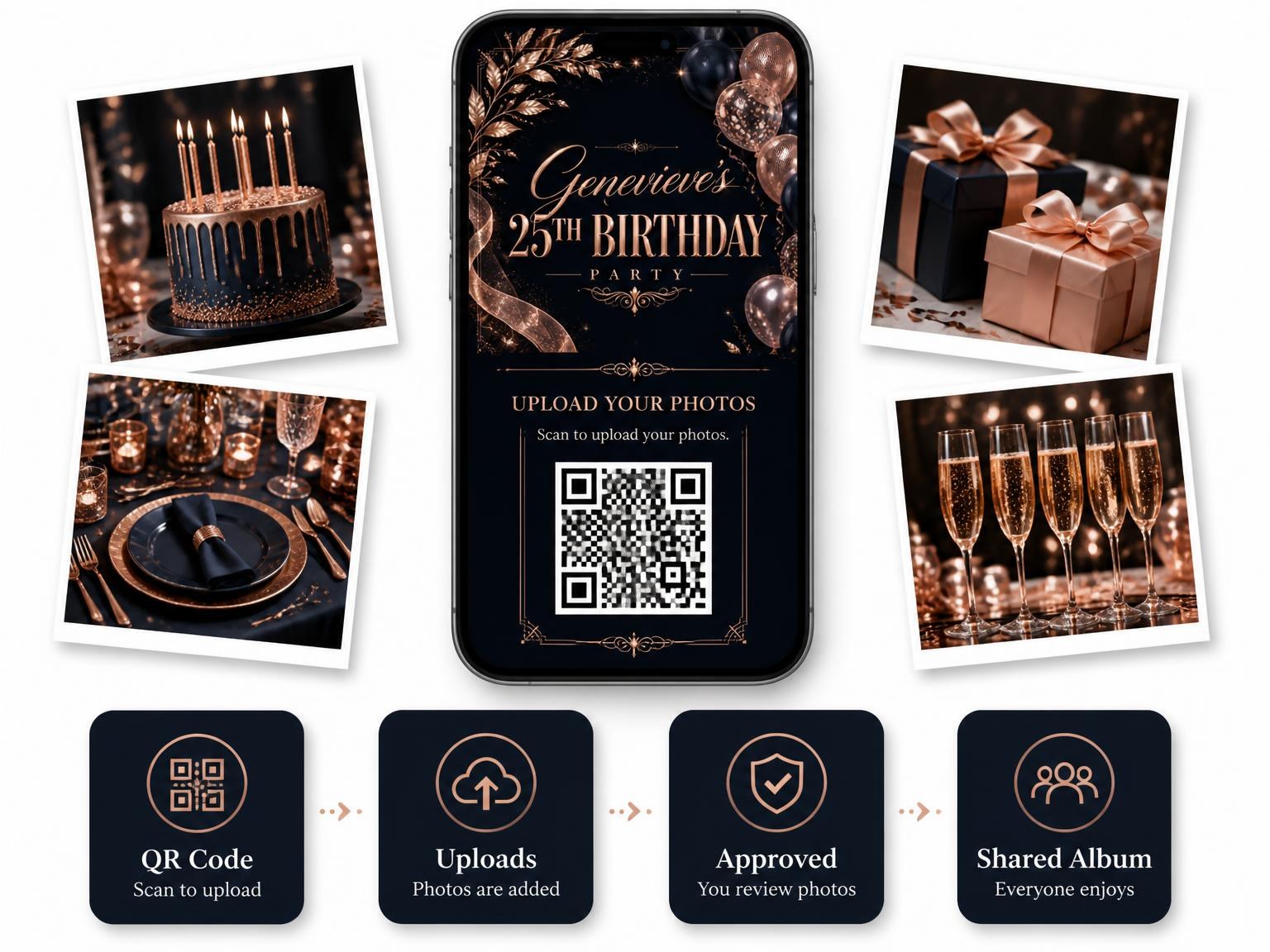 The shared photo gallery that comes with the Navy and Rose Gold 25th Birthday Invitation invitation