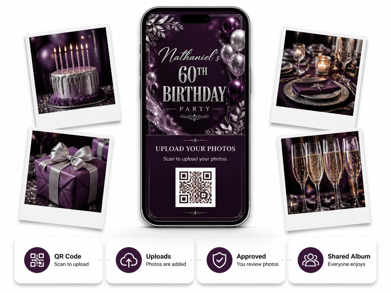 The shared photo gallery that comes with the Plum and Silver 60th Birthday Invitation invitation