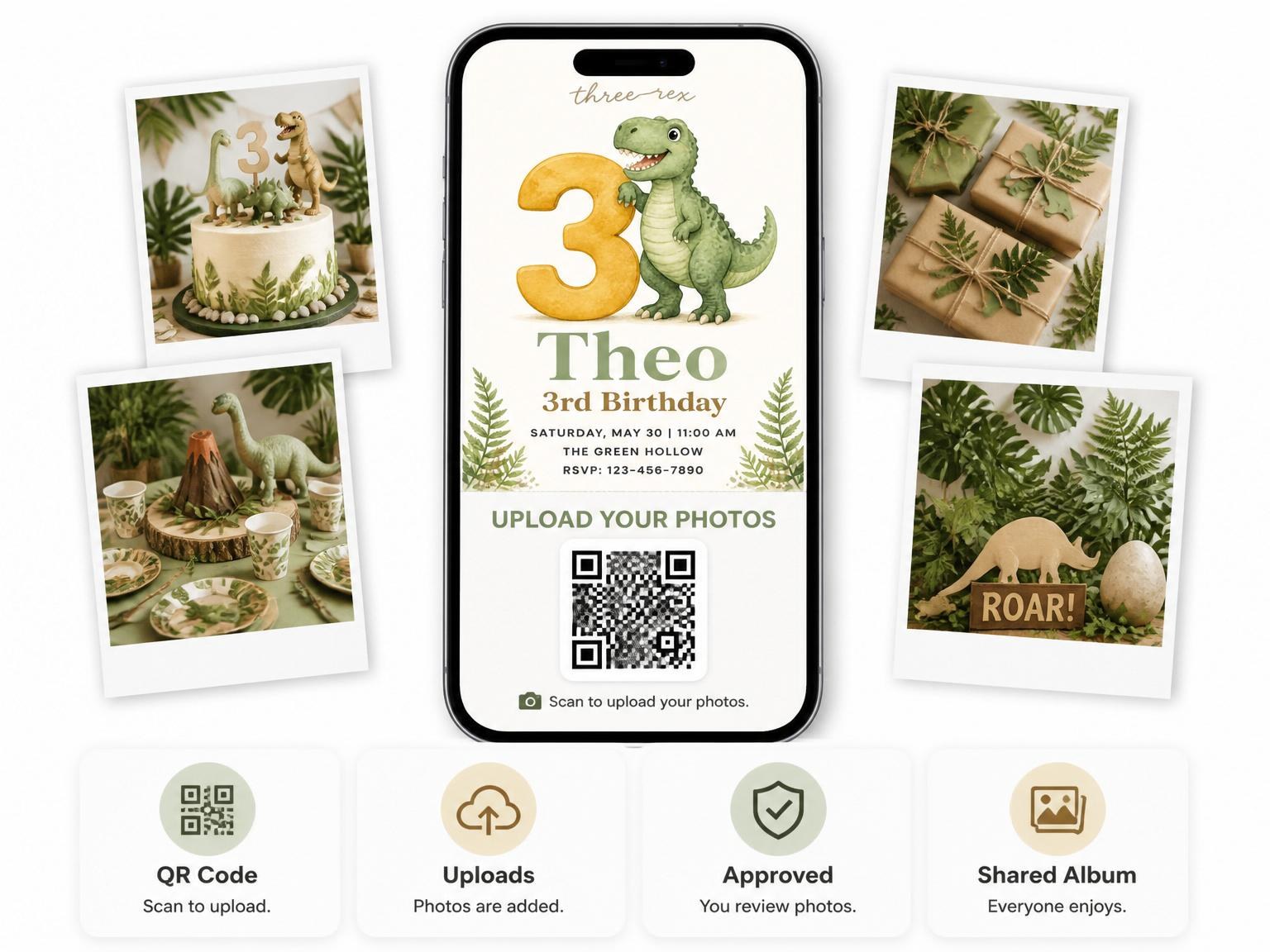 The shared photo gallery that comes with the Watercolor T-Rex 3rd Birthday Invitation invitation