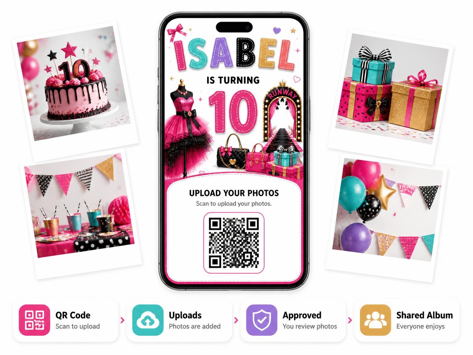 The shared photo gallery that comes with the Arch Carpet Stitched 10th Birthday Invitation invitation