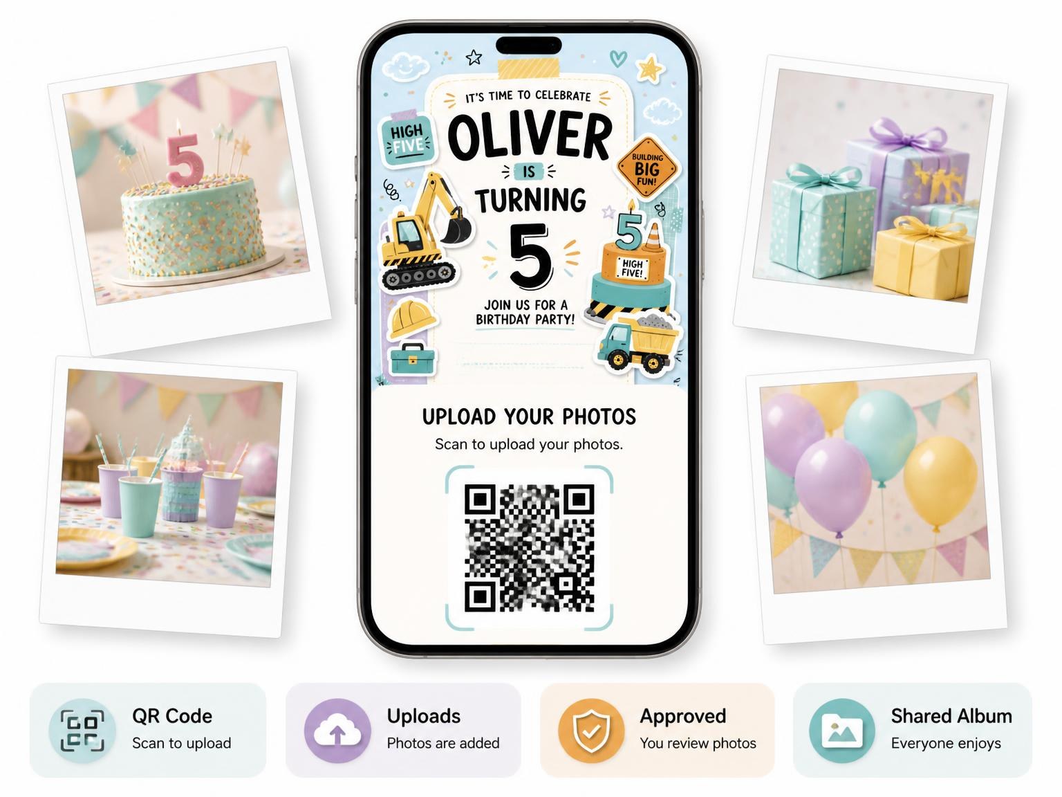 The shared photo gallery that comes with the Yellow Excavator Pastel 5th Birthday Invitation invitation