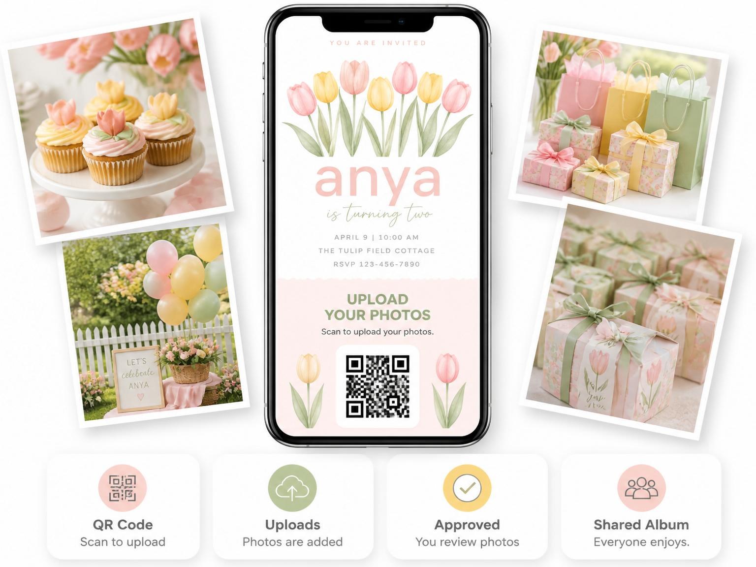 The shared photo gallery that comes with the Pink and Yellow Tulip 2nd Birthday invitation