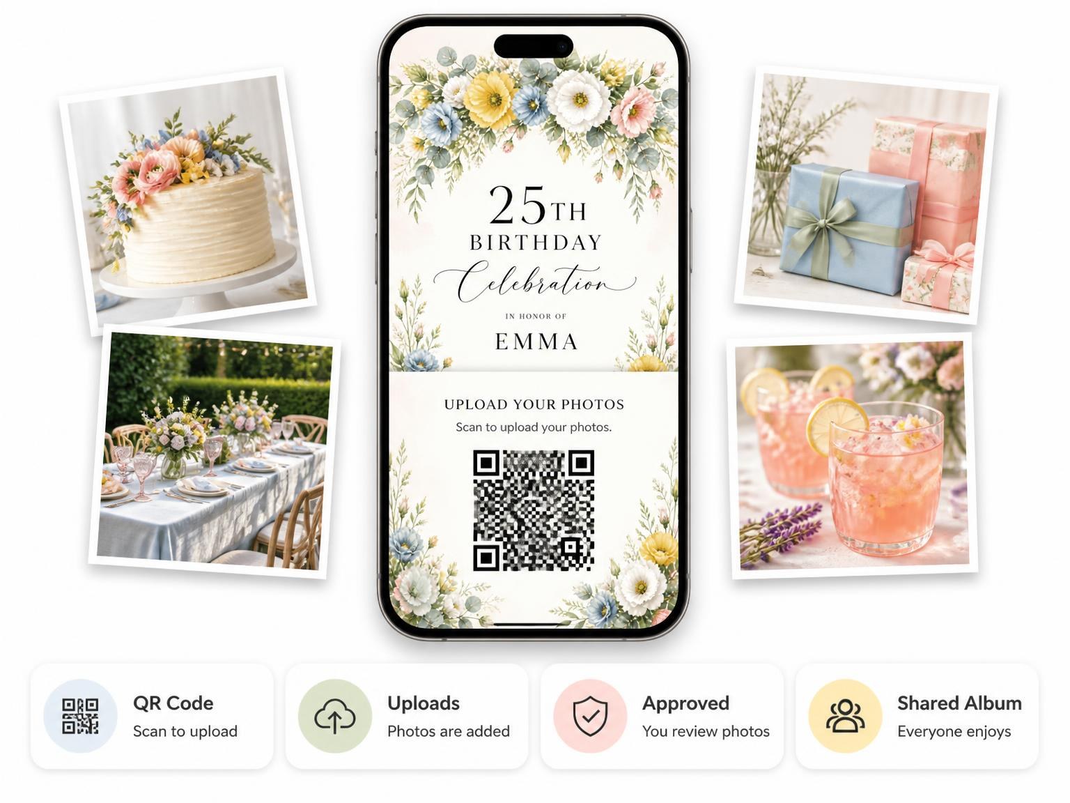 The shared photo gallery that comes with the Spring Floral Arch 25th Birthday Invitation invitation